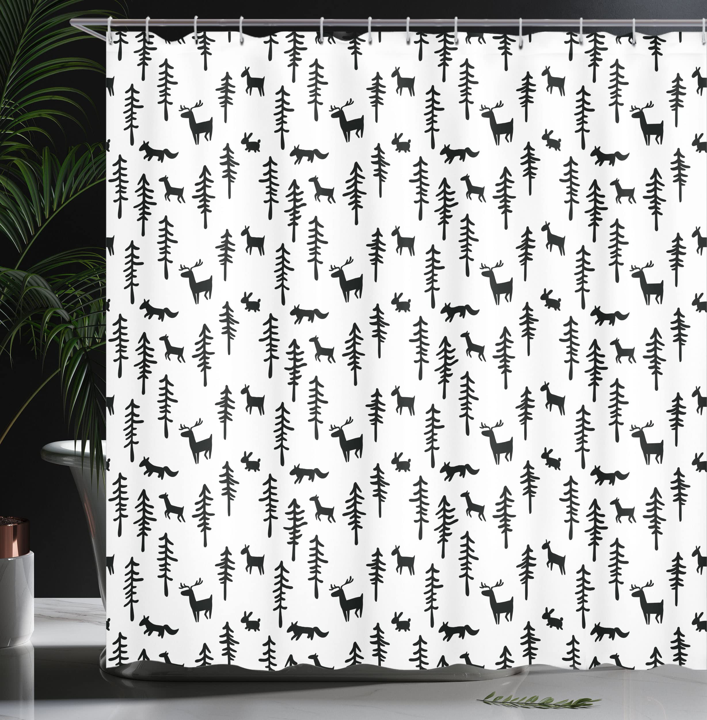 Ambesonne Forest Shower Curtain, Christmas Spirit Inspired Sketchy Reindeer Pine Trees Rabbits Animal Design, Cloth Fabric Bathr
